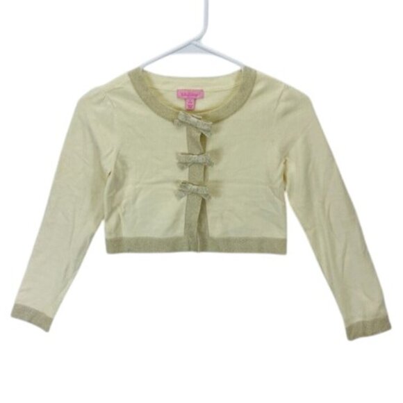 Lilly Pulitzer Cardigan Girls Size L 8/10 Ivory Shimmer Bow Long Sleeve Sweater - Picture 1 of 10